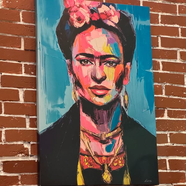 A vibrant, colorful painting of Frida Kahlo with flowers in her hair, hanging on a brick wall.