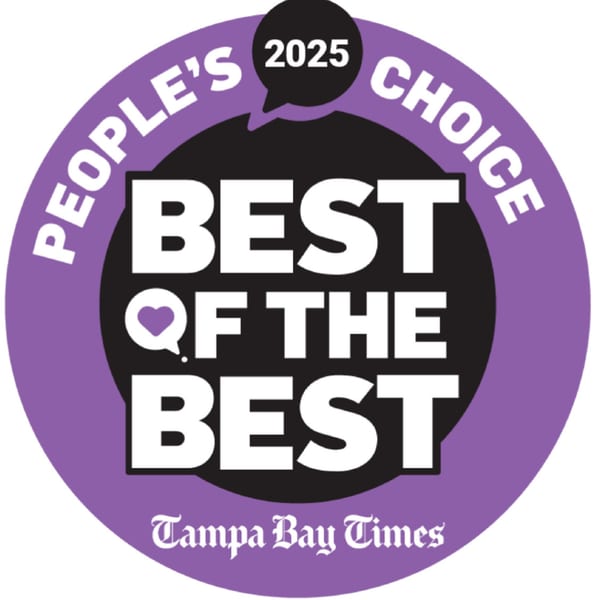 Purple and black circular logo: "People's Choice 2025 Best of the Best Tampa Bay Times"