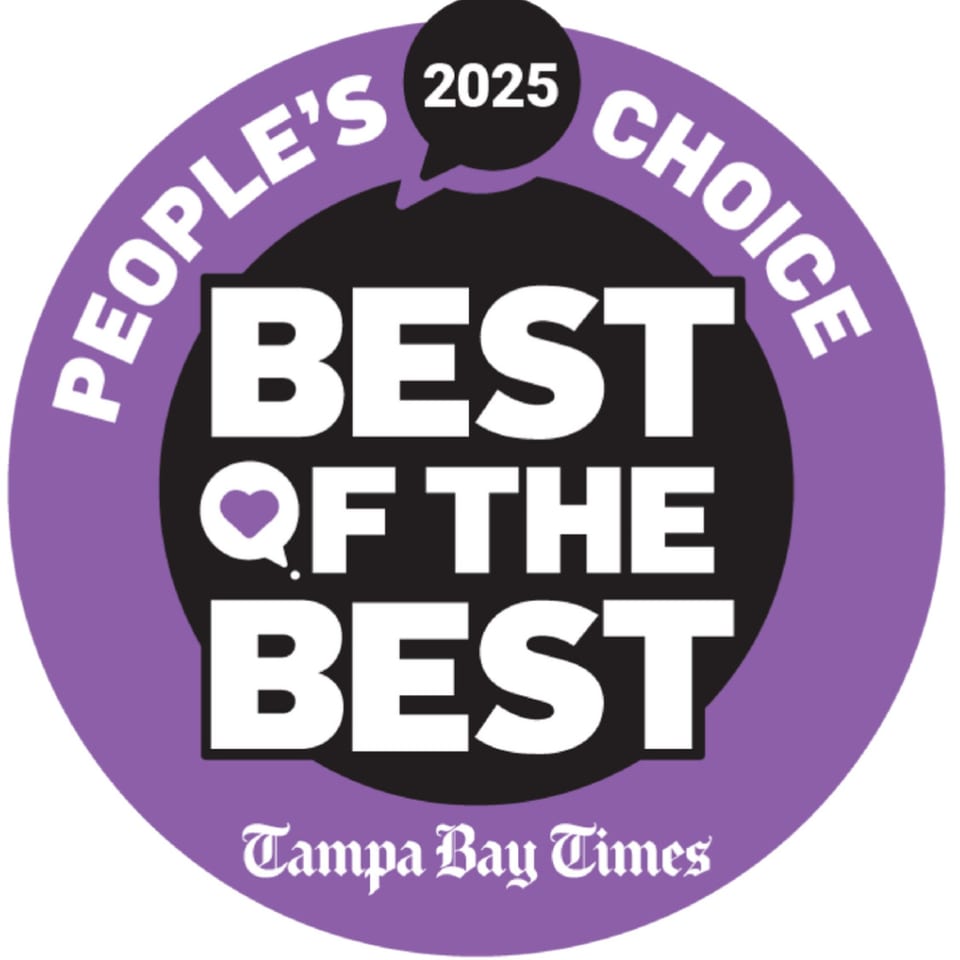 Purple and black circular logo: "People's Choice 2025 Best of the Best Tampa Bay Times"